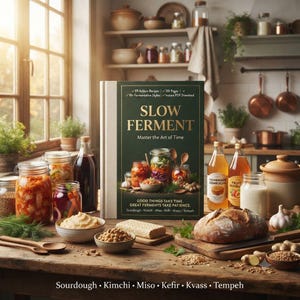 Peut inclure: Un livre relié intitulé SLOW FERMENT avec une couverture vert foncé, du texte doré et des images d'aliments fermentés. Le livre est entouré de bocaux en verre de kimchi, de bouteilles de kombucha, d'un pain au levain et de bols de céréales.