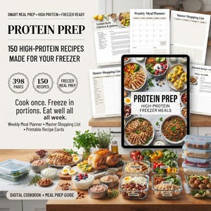 May include: A digital cookbook titled Protein Prep featuring 150 high-protein freezer recipes, 398 pages, a weekly meal planner, and a master shopping list. The display shows various prepared meals in glass containers and a tablet screen.
