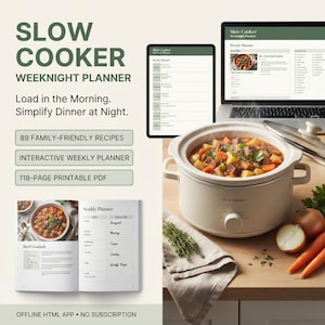 May include: A digital slow cooker weeknight planner featuring 89 recipes, an interactive weekly planner, and a 118-page printable PDF. The image displays a cream-colored slow cooker with beef stew, a laptop, a tablet, and an open recipe book.