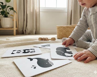 Montessori Black and White Animal Flashcards, Newborn Sensory Toy (Digital Download)