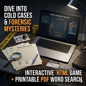 May include: A laptop displays a word search game with the text "ECHOES OF THE UNSOLVED: CASE FILES." The image also shows crime scene tape, a magnifying glass, and the text "DIVE INTO COLD CASES & FORENSIC MYSTERIES."