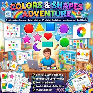 May include: A digital educational product titled Colors & Shapes Adventure featuring interactive games, colour mixing, printable activities, and an achievement certificate. The display shows various geometric shapes, a colour wheel, and a child using a laptop.