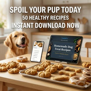 May include: A table displays dog treats, a smartphone, and a tablet, with a golden retriever in the background. The tablet shows "Homemade Dog Treat Recipes." The image includes the text "SPOIL YOUR PUP TODAY" and "50 HEALTHY RECIPES."