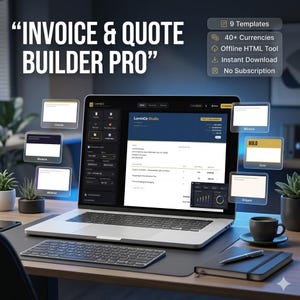 Pode incluir: Um laptop exibe a interface do software "INVOICE & QUOTE BUILDER PRO". A tela mostra um exemplo de fatura com várias opções de design. Inclui 9 modelos, mais de 40 moedas, uma ferramenta HTML offline e download instantâneo.