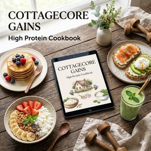 Puede incluir: Una mesa de madera muestra una tableta con el texto "COTTAGECORE GAINS High Protein Cookbook" junto a platos de comida, incluyendo panqueques, tostadas y un cuenco de requesón con fruta. También hay dos pequeñas pesas y un batido verde.