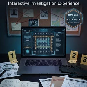May include: A laptop displaying a word search puzzle, with the text "FORENSIC PUZZLE COMPENDIUM" above. The scene includes evidence markers, a magnifying glass, a notepad, and a corkboard with photos and notes, suggesting an interactive investigation game.