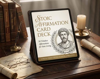 Stoïcijnse bevestigingskaarten: dagelijkse veerkracht, wijsheid, afdrukbaar, digitaal kaartspel, academia-thema, Lumin-vieringen