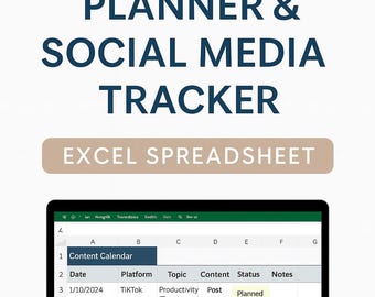 May include: A digital content planner and social media tracker displayed on a tablet. The Excel spreadsheet shows a content calendar with dates, platforms, topics, content types, and statuses. The text "CONTENT PLANNER & SOCIAL MEDIA TRACKER" is at the top.