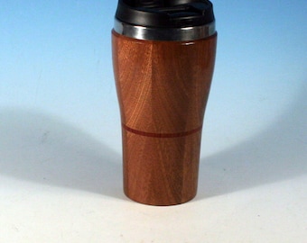 Sapele with Padauk Highlight Wooden Travel Mug With Stainless Steel Insert, Threaded Lid and Sealed Flip Top Dispenser