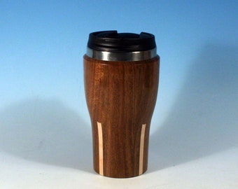 Black Shedua with Maple Highlight Wooden Travel Mug With Stainless Steel Insert, Threaded Lid and Sealed Flip Top Dispenser