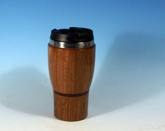 Black Shedua with Katalox Highlight Wooden Travel Mug With Stainless Steel Insert, Threaded Lid and Sealed Flip Top Dispenser