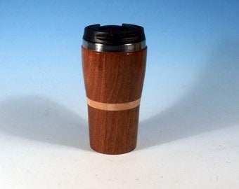 Sapele with Pecan Wooden Travel Mug With Stainless Steel Insert, Threaded Lid and Sealed Flip Top Dispenser