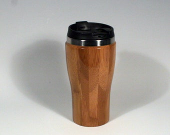 Bamboo Travel Mug with Stainless Steel Interior and Threaded Lid and Sealed Flip Top Dispenser