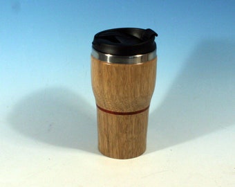 African Limba with Padauk Highlight Travel Mug with a Stainless Steel Insert, Threaded Lid and Sealed Flip Top Dispenser