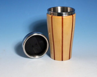 Birch with Jatoba Accents Wooden Travel Mug with Stainless Steel Insert and Sliding Sipper TopJatoba