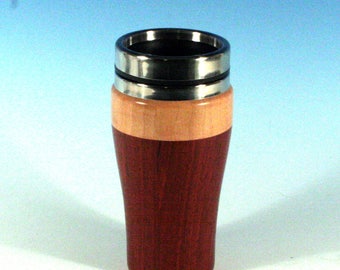 Padauk with Figured Maple Wooden Travel Mug with a Stainless Steel Insert and Sliding Sipper Top