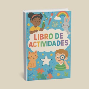 Puede incluir: Un libro de actividades para niños con una portada azul. La portada presenta ilustraciones de una niña, un niño, un gato, un conejo y un arcoíris. El título "LIBRO DE ACTIVIDADES" se muestra en colores.