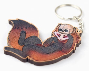 Mischievous Kitsune with Skull Glossy Cherry Wood Charm Key Chain for Bag Wallet Backpack