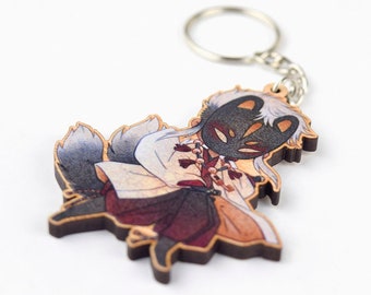 Masked Kitsune Guardian Glossy Cherry Wood Charm Key Chain for Bag Wallet Backpack