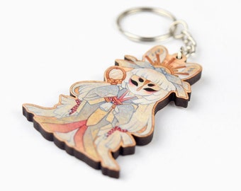 Celestial Moon Rabbit, Glossy Cherry Wood Charm Key Chain for Bag Wallet Backpack