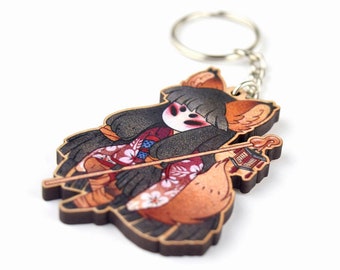 Mysterious Masked Fox Glossy Cherry Wood Charm Key Chain for Bag Wallet Backpack