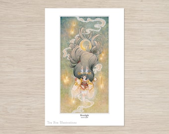 May include: A digital illustration of a woman with long, flowing hair and a crescent moon in her hair. She is wearing a white and gold kimono and is surrounded by glowing lights. The image is titled "Moonlight" and is by Tea Fox Illustrations.