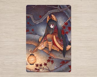 Kitsune with Lantern in Japanese Maple Tree, Fox Folklore, 4x6 Postcard Stationery Gift