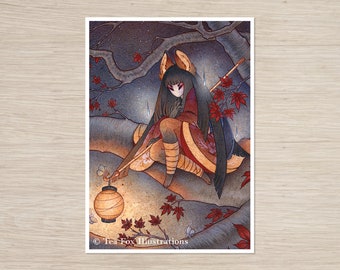 Kitsune with Lantern in Japanese Maple Tree, 5x7 Matte Art Print on Cotton Rag Paper