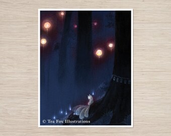 Kitsune Casts Foxfire in Dark Forest, Japanese Folklore, 8x10 Matte Art Print on Cotton Rag Paper