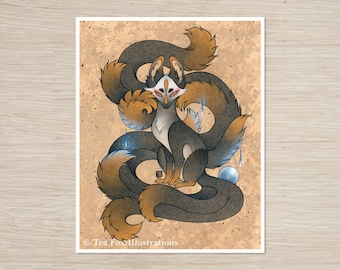Art Print: Black and Gold Nine Tailed Fox with Blue Foxfire, Japanese Folklore (8x10)