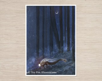Art Print: Lonely Forest Traveler Under a Crescent Moon, Fantasy Illustration (5x7)