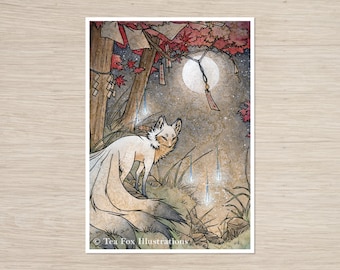 Kitsune Under Japanese Maple Tree, Fox Japanese Folklore, 5x7 Matte Art Print on Cotton Rag Paper