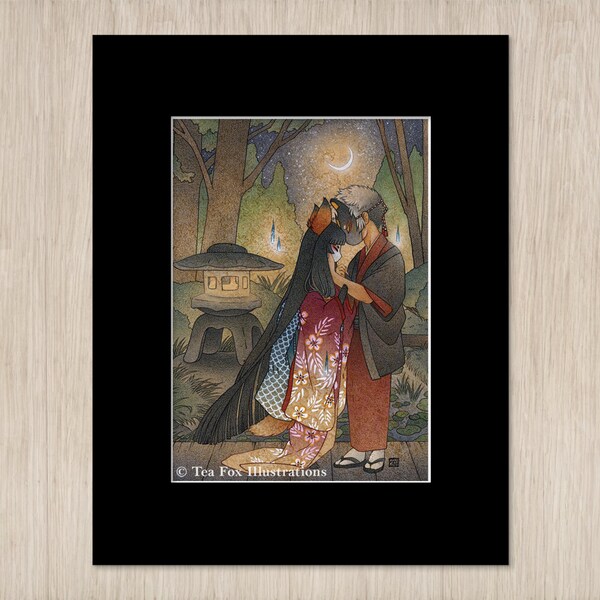 Kitsune Meeting in Japanese Garden, Fox Folklore, 5x7 Lustre Print with 8x10 Black Mat