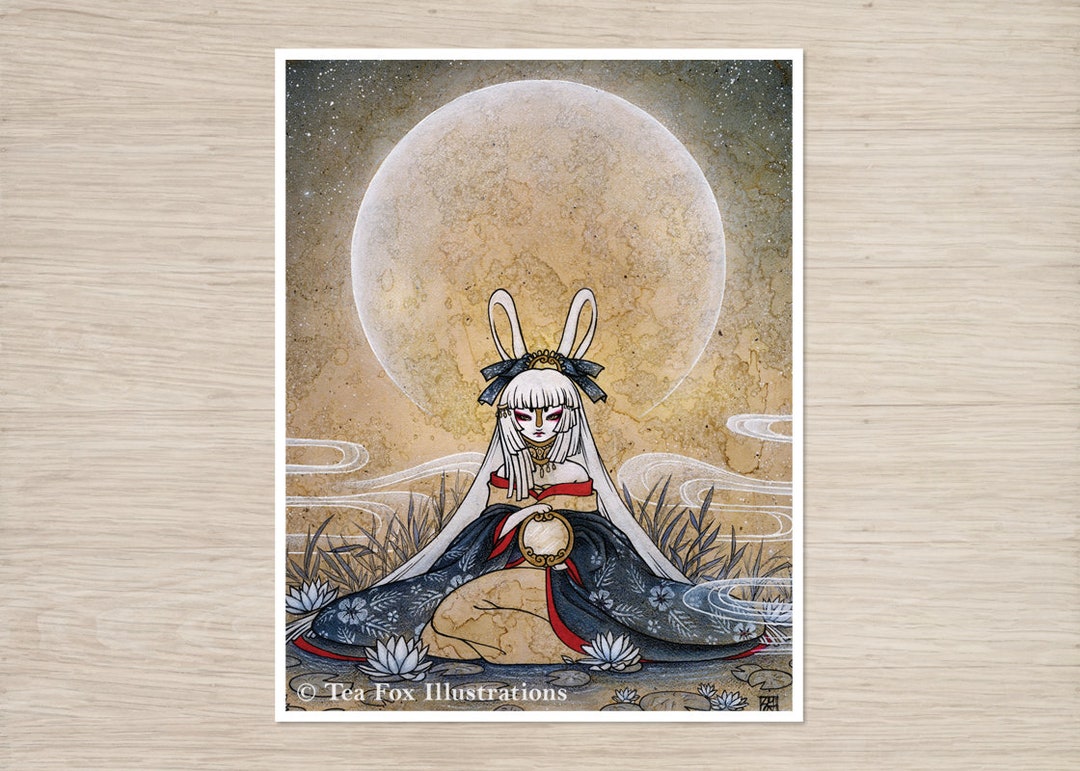 Art Print: Moon Rabbit Holding Mirror Among Lotus Flowers, Japanese ...