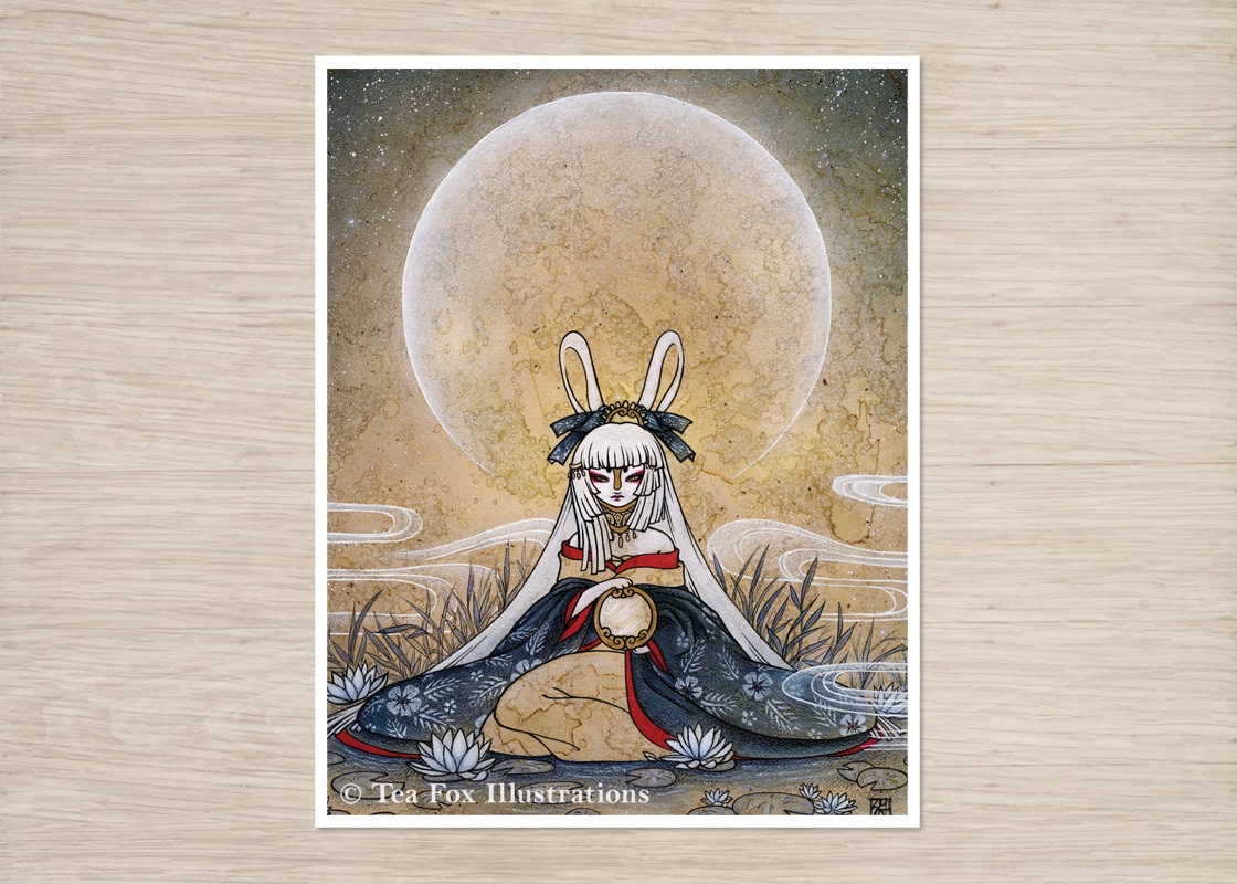 Moon Rabbit Holding Mirror, Japanese Folklore, 11x14 Matte Art