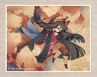 Kitsune Holding Jewel, Fox Japanese Folklore, 11x14 Matte Art Print on Cotton Rag Paper