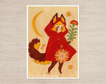 Art Print: Woodland Animal Girl in Red Coat Tan Background, Fairy Tale (5x7)