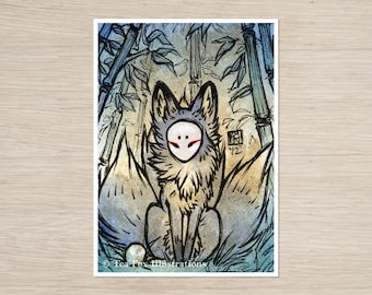 May include: A watercolor painting of a fox with a white mask and red markings on its face. The fox is sitting in a bamboo forest with a blue and yellow background. The painting is signed "Tea Fox Illustrations" in the bottom right corner.