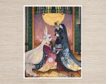 Puede incluir: Una ilustración digital de dos mujeres con ropa tradicional japonesa. Una mujer tiene pelaje blanco y orejas de conejo, la otra tiene cabello negro y un kimono blanco y negro. El fondo es azul oscuro con estrellas y luna llena.