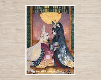 May include: Two anthropomorphic rabbits in traditional Japanese clothing stand in front of a moonlit window. The rabbit on the left is white with a long, flowing white tail and wears a pink and white kimono. The rabbit on the right is black with a long, flowing black tail and wears a black and white kimono. The background is a soft pink and purple with a full moon and stars.