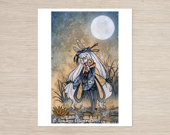 May include: A white-haired woman with rabbit ears, wearing a blue and white kimono, stands on wooden platforms in a field of tall grass. The moon is full and bright in the night sky. The image is titled "Tea Fox Illustrations".