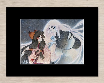 Kitsune Encounter with Yuki Onna, Japanese Folklore, 5x7 Lustre Print with 8x10 Black Mat