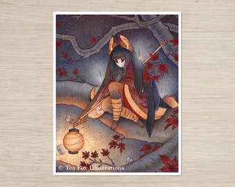 May include: A fox-like creature with long black hair and a red and gold kimono sits on a tree branch. The creature is holding a lantern and there are red maple leaves around it. The background is a dark blue with stars. The text "Tea Fox Illustrations" is in the bottom right corner.