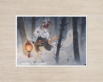 Forest Spirit with Lantern, Japanese Folklore, 5x7 Matte Art Print on Cotton Rag Paper