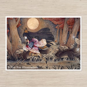 Fox Spirits Under an Autumn Moon, Japanese Folklore, 5x7 Matte Art Print on Cotton Rag Paper image 1