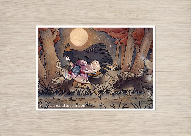 Fox Spirits Under an Autumn Moon, Japanese Folklore, 5x7 Matte Art Print on Cotton Rag Paper image 1