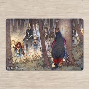 Procession des lapins lunaires en présence d'un kitsune, folklore japonais, carte postale papeterie cadeau