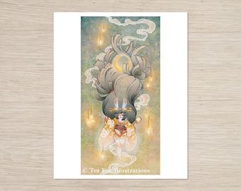 May include: A digital illustration of a woman with long black hair and a crescent moon in her hair. She is wearing a white and gold kimono with a red sash. She is surrounded by a swirling mist and golden lights. The text "Tea Fox Illustrations" is at the bottom of the image.