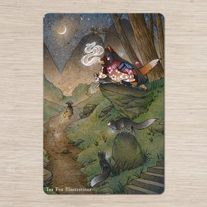 Kitsune Spirits jette un sort d'illusion sur un voyageur, folklore japonais renard yokai, cadeau carte postale