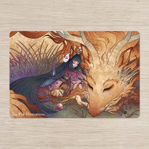 Fille renard endormie avec dragon, folklore japonais kitsune, cadeau de papeterie carte postale 4 x 6